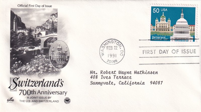 1991, 700th Anniv. Switzerland, Art Craft/PCS, FDC (E12214)