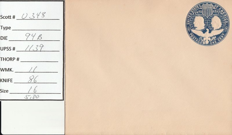 Scott# U348  Die 94 UPSS# 1339 1 US envelope .