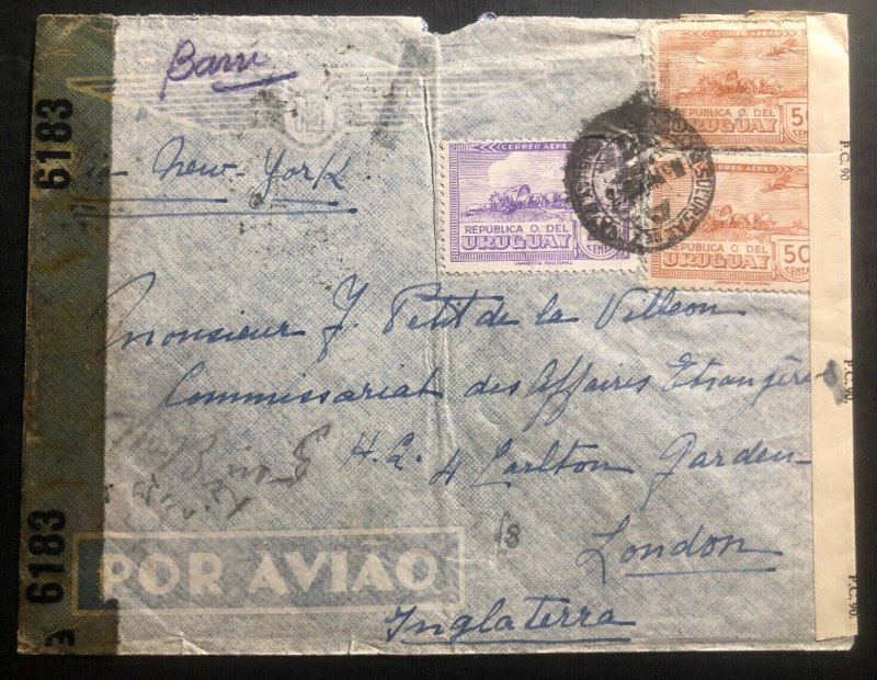 1943 Montevideo Uruguay Dual Censored Airmail cover To London England Via NY