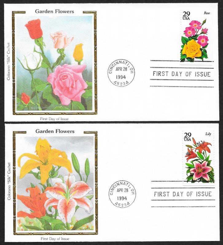 UNITED STATES FDCs (5) 29¢ Garden Flowers 1994 Colorano