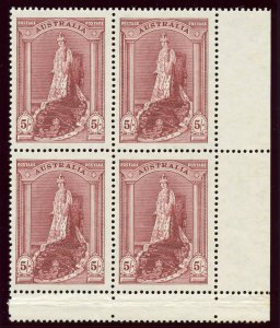 Australia 1938 KGVI 5s claret in a block of four superb MNH. SG 176.