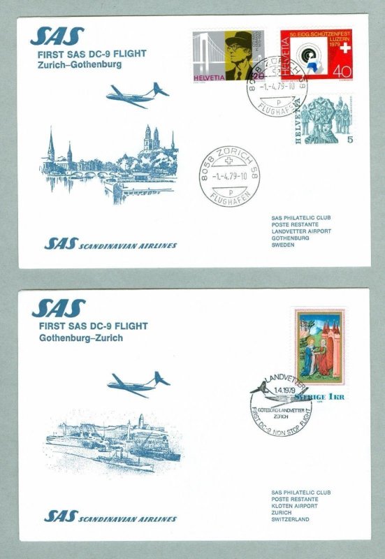 Sweden. Switzerland.  2 First Flight Cover 1979. SAS  DC-9. Gothenburg - Zurich.