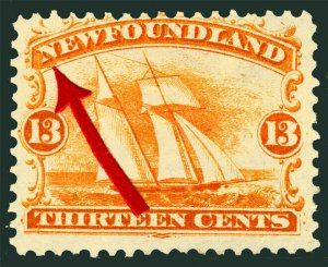 Newfoundland #30i 1866 13c Orange Sailing Ship with Major Re-Entry Unused Scarce