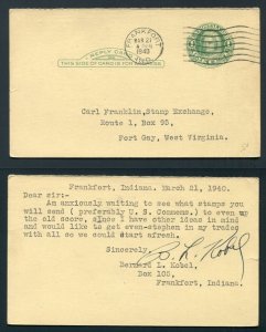 1940 Frankfort, Indiana to Fort Gay, West Virginia - Stamp Collector Note