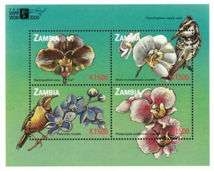 Zambia 2000 - The Stamp Show Orchids Birds - Block of 4 - Scott 871 - MNH