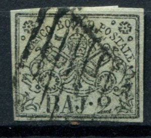Roman States Sc#3 Used, 2b blk, greenish white, Papal Arms - Baj (1852)
