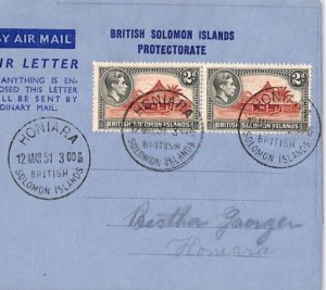 SOLOMON ISLANDS KGVI Air Letter Honiara 1951 Super 2d Pair {samwells-covers}PJ20