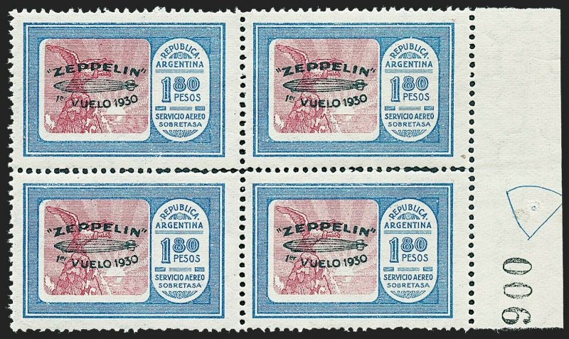 MOMEN: ARGENTINA SC #C29 GREEN OVPT BLOCK 1930 MINT OG NH LOT #60279