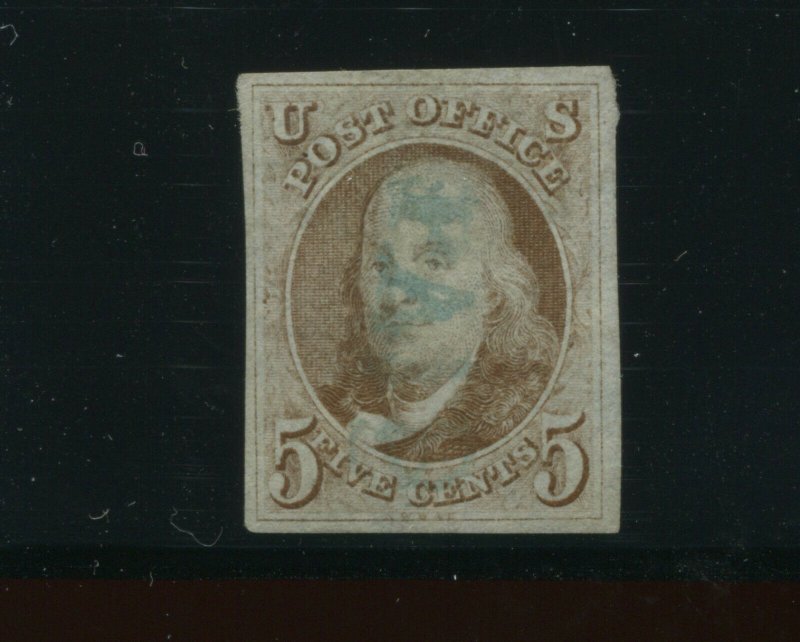 Scott 1 Franklin Imperf Used Stamp with Blue PAID Cancel (Stock 1-217)