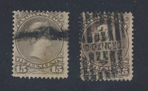 2x Canada Large Queen Stamps; #29-15c & #29b Both Fine Guide Value = $100.00