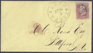 US 1861 Sc 65 TIED FANCY CANCEL STAR IN CIRCLE FRANKFORT NY TO PITTSFORD NJ