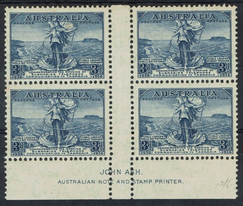 AUSTRALIA 1936 SUBMARINE TELEGRAPH 3D STAMPS MNH ** GUTTER IMPRINT BLOCK 