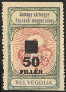 HUNGARY 1934 Kaposvar Municipal Revenue, Bft #39 Used VF, 50f on 8f