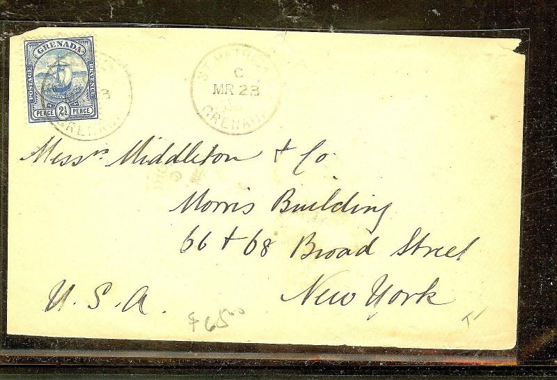 GRENADA  (P2104B)  1906 BOAT 2 1/2D COVER TO USA