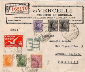 URUGUAY Air Mail 1p Cover 1929 Montevideo Registered TRANSATLANTIC France YU102