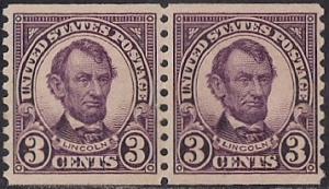 600 3 cent Lincoln, Violet Coil Pair Stamp mint OG NH XF