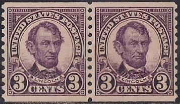 600 3 cent Lincoln, Violet Coil Pair Stamp mint OG NH XF