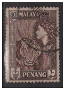 Malaya Penang 1957 Scott 50 used - 10c, Tiger & QE II