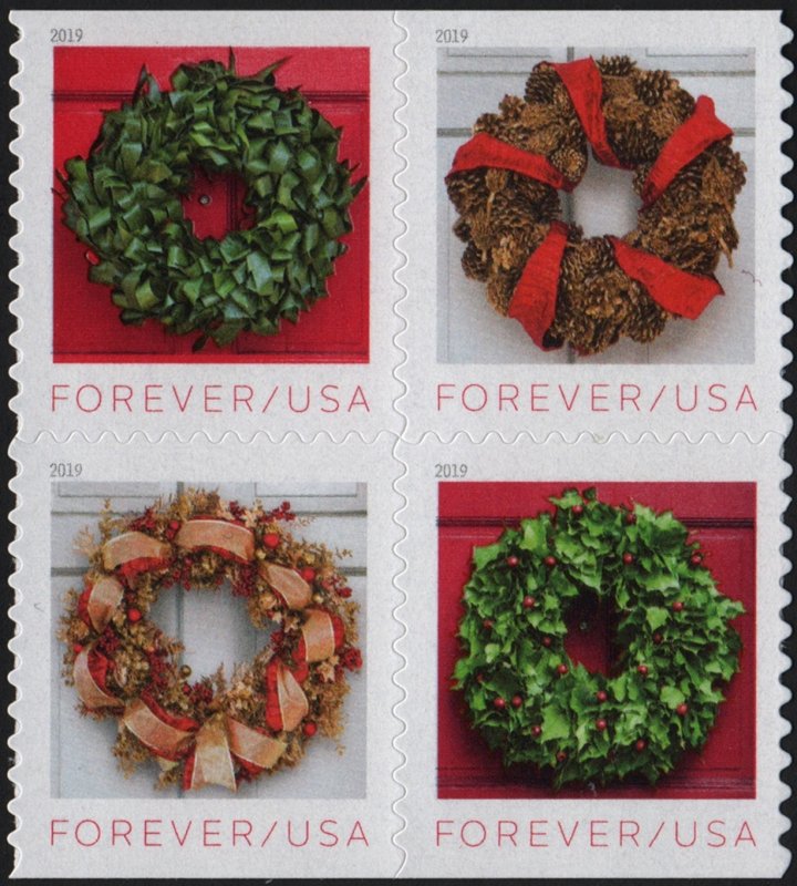 SC#5424-27 (55¢) Holiday Wreaths Block of Four (2019) SA