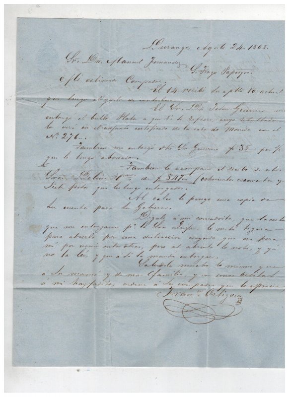 1868 Durango Mexico Stampless Letter sheet Cover to Santiago