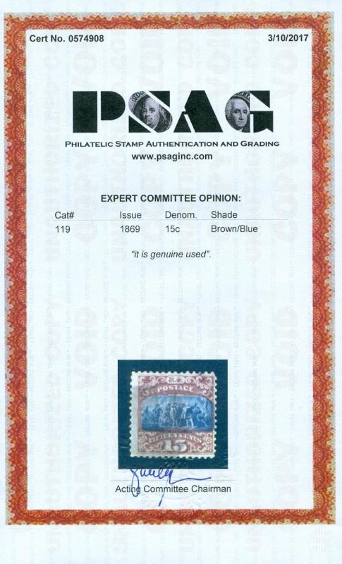EDW1949SELL : USA 1869 Scott #119 Used. Nice with good color. PSAG Cert Cat $225