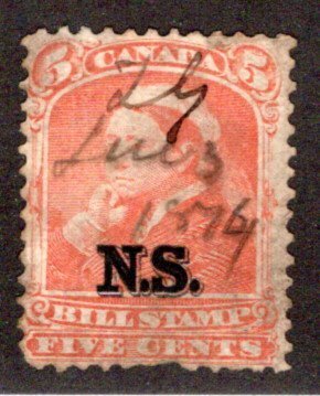NSB6 van Dam, Nova Scotia Bill Stamp, 5c, Used, MS date cancel, Canada