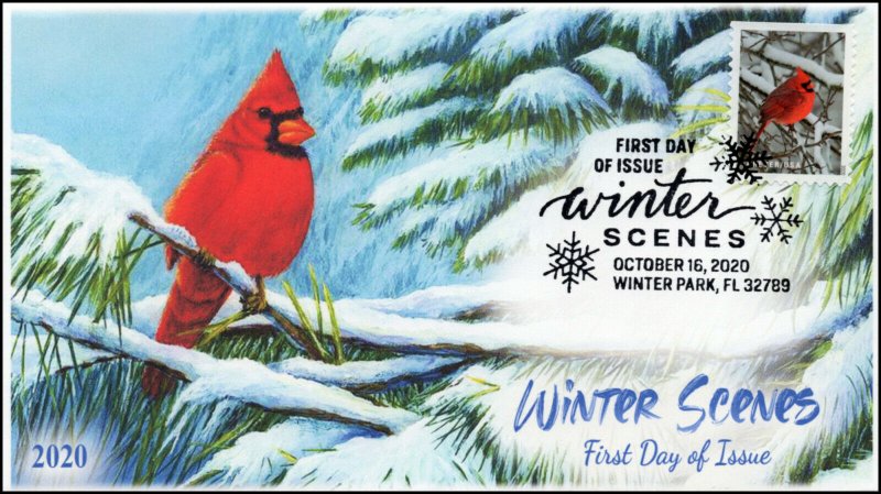 20-255, 2020, Winter Scenes, First Day Cover, Pictorial Postmark, Cardinal