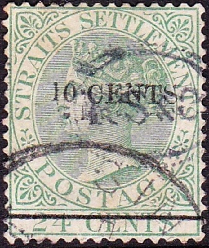 MALAYA STRAITS SETTLEMENTS 1891 QV 10c on 24c Yellow-Green SG86 Used