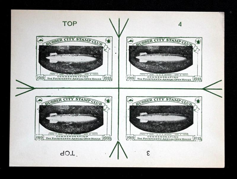 1933 USS Akron Rubber City Stamp Club Cinderella ERROR Proof Inverted Zeppelin