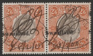SWAZILAND 1904 KEVII Transvaal Revenue 2/6 pair, variety shifted. Rare multiple.