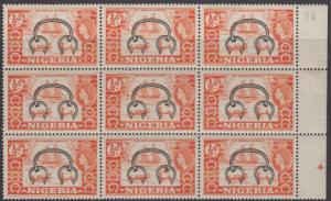 Nigeria QEII 1953 0.5d Black Orange Block x 9 SG69 Mint Never Hinged MNH UMM