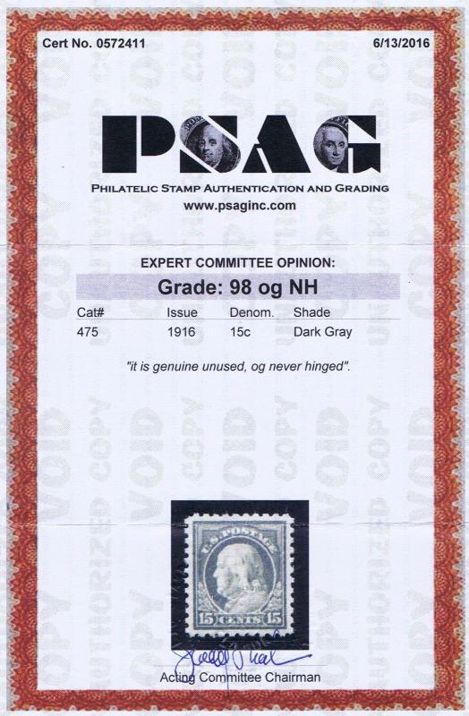 SC# 475 UNUSED OG NH 15c FRANKLIN, 1916, PSAG CERT GRADED 98! HIGH CAT VALUE. 