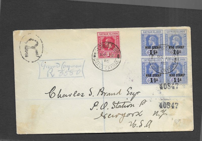 CAYMAN ISLANDS 1918 REGISTERED COVER-BLOCK OF 4 WAR TAX STAMPS