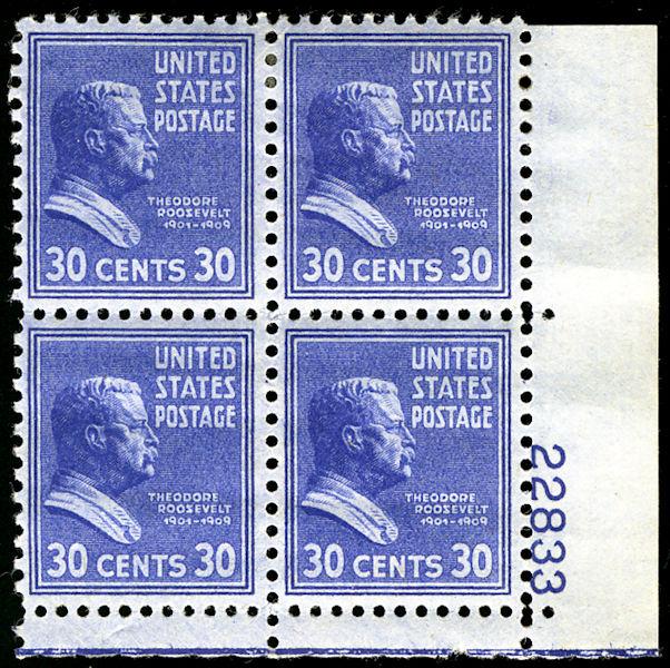 US #830 30c Roosevelt, Plate Block, XF mint lightly hinged, bottom NH, Nice a...