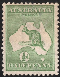 Australia SC#1 ½d Kangaroo and Map Single (1913) MH/Thin