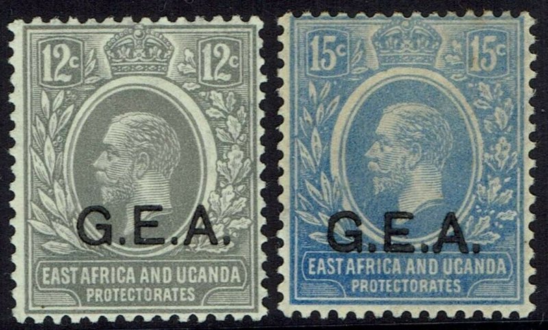 TANGANYIKA 1921 GEA OVERPRINTED KGV 12C AND 15C WMK MULTI SCRIPT CA 