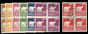 Norway #104-110 Cat$526 (as used singles), 1925 Polar Bear & Airplane, blocks...