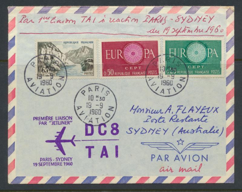 France  Aviation  First Flight Cover  DC8  Paris - Sydney  1st flight  Backst...