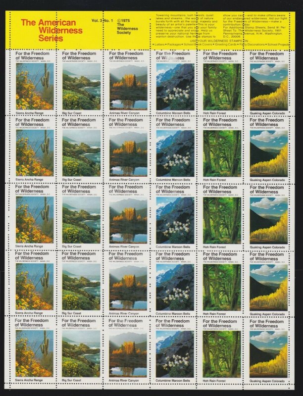 US 1975 American Wilderness Series Mint Cinderella Stamp Sheet Vol 3  # 1