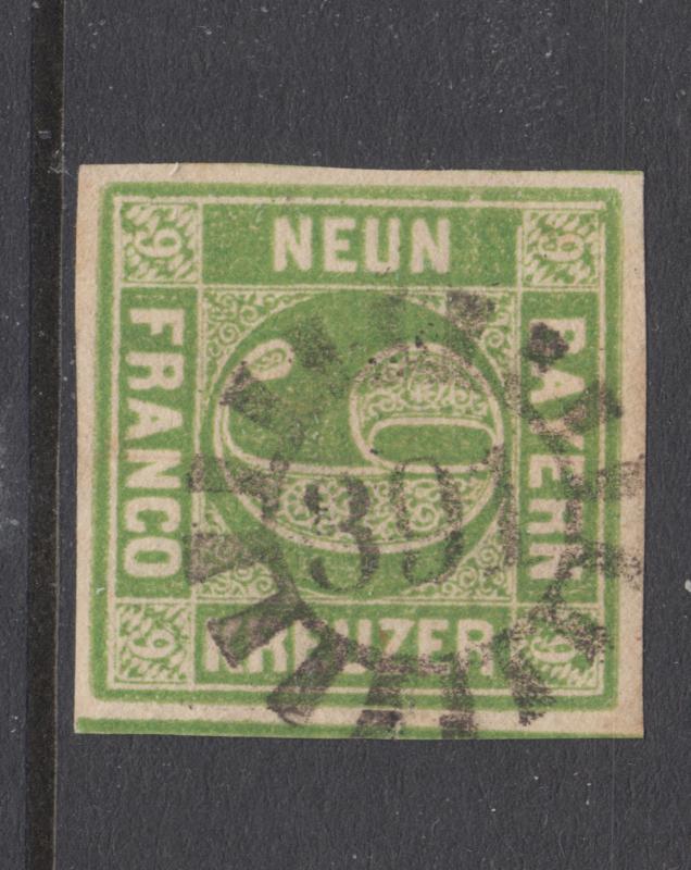 Bavaria Sc 6 used. 1850-58 9kr yellow green Numeral, 391 closed Millwheel cancel