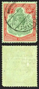 Nyasaland SG113h 10/- Green and Scarlet on Emerald (rounded corner) Cat 850