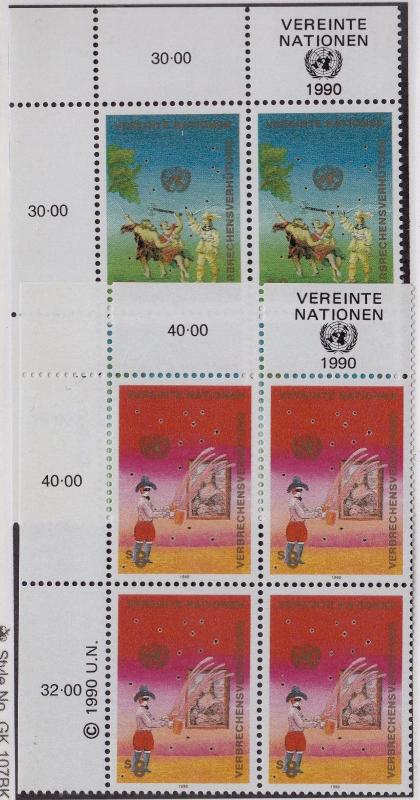 UN VIENNA MNH Scott # 106-107 Crime Corner Blocks - small spot 8s selv(8 Stamps)