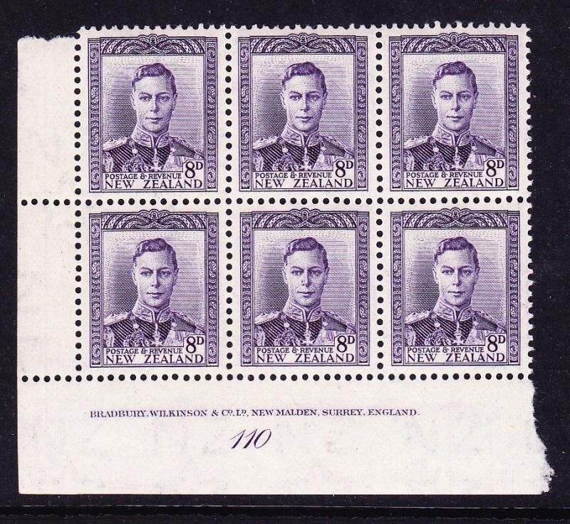 NEW ZEALAND  1938-52  8d  VIOLET  KGVI   PLATE BLK 6   #110  MNH       