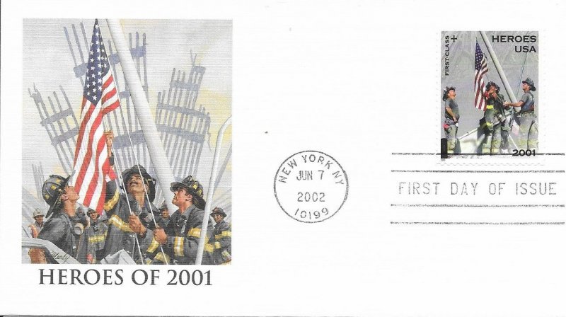 2002 FDC, #B2, Heroes of 2001, 3 diff. cachets