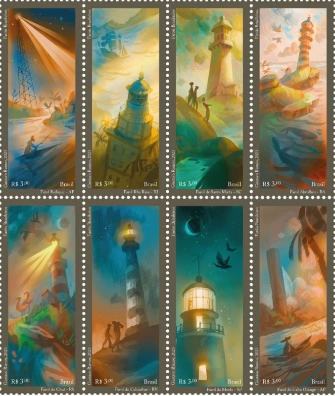 Brazil Brasilien Brésil 2023 Lighthouses set of 8 stamps in block 2x4 MNH