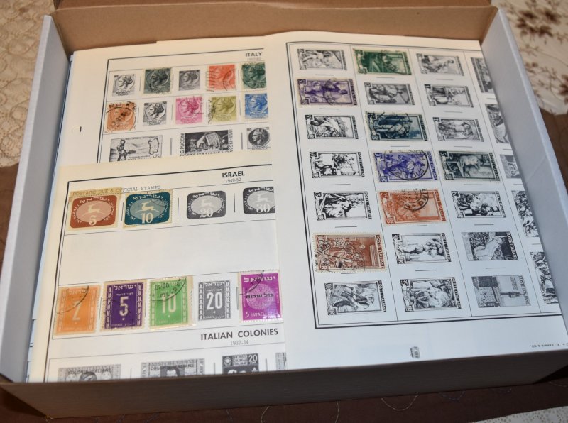 Boxed Lot of Remnant Album Pages, Stamps, Old Department Store Sets & More