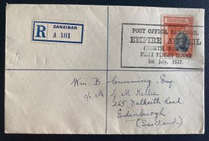 1937 Zanzinbar First All Up Flight Airmail cover FFC to Edinburgh Scotland