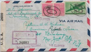 1942 Honolulu, Hawaii to New York, NY Registered Clipper Airmail, Cens. (C5931)