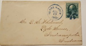 1875? COVER TERRE HAUTE GEOMETRIC CANCEL ON 158 BLUE W/ CARRIER ON BACK