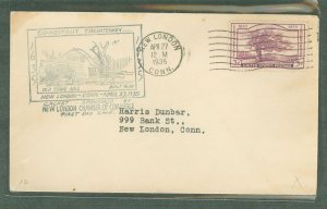 US 772 1935 3c Connecticut Tercentenary/Charter Oak (single) on an addressed first day cover with an unofficial New London, CT a